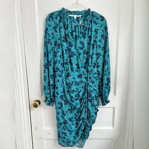 Veronica Beard Becky Dress Silk Ruched Dainty Floral Turquoise New Size 6 $515